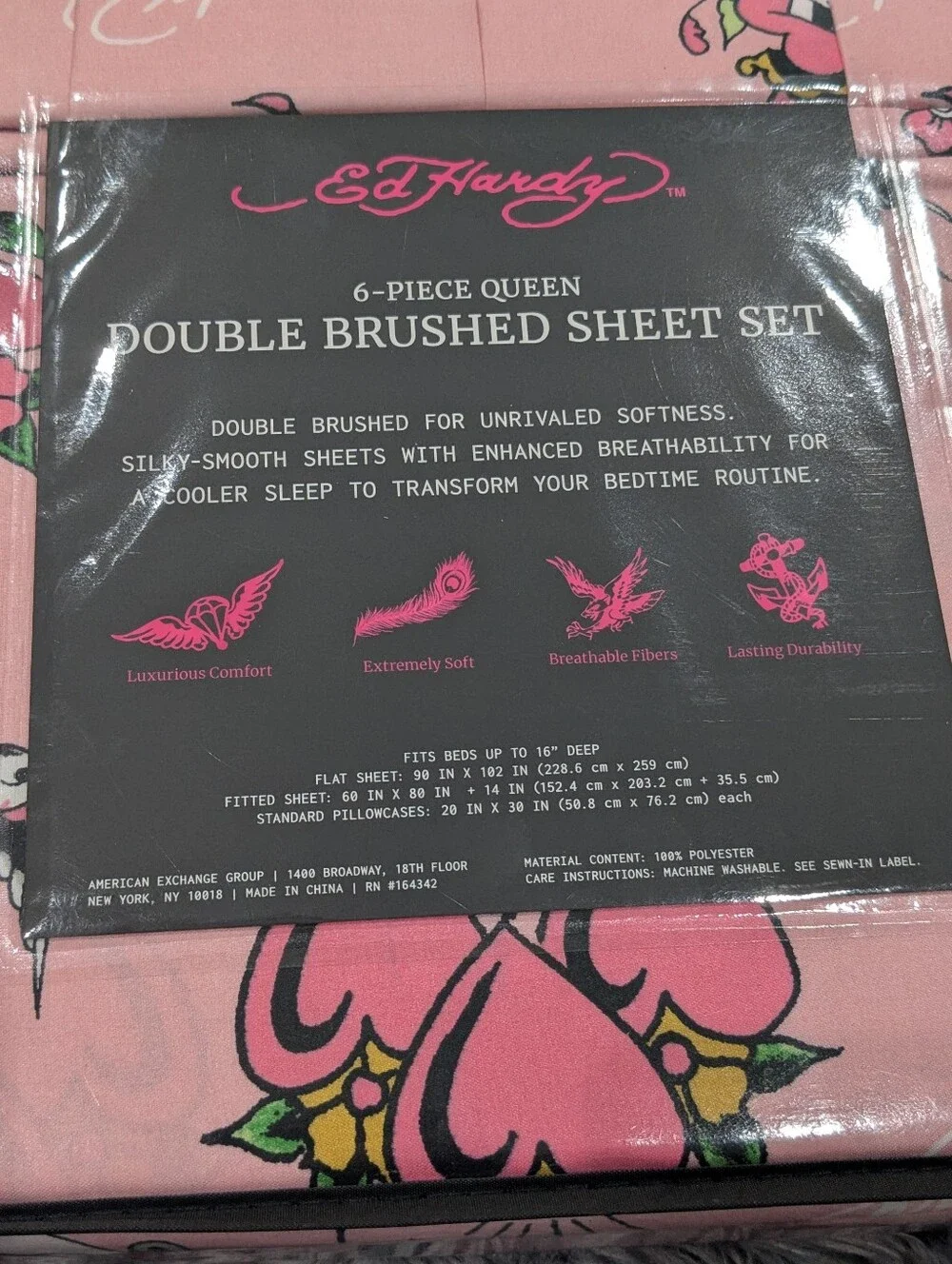Ed Hardy Pink Skull & Rose Brushed Queen Sheet Set